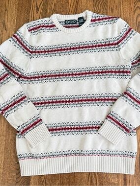 Chaps Cream Fair Isle Crewneck Sweater with Red and Navy Stripes